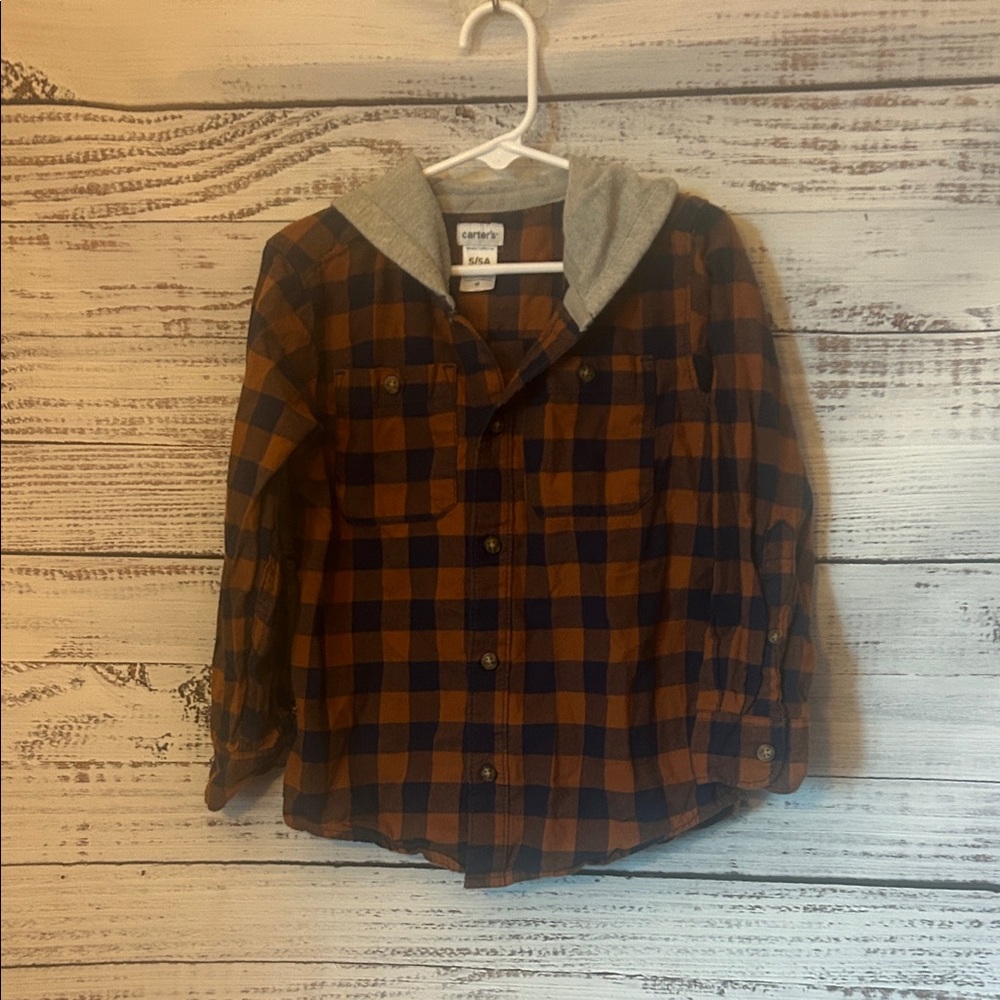 Carter's Blue and Orange Plaid Button Down Shirt with Gray Hood